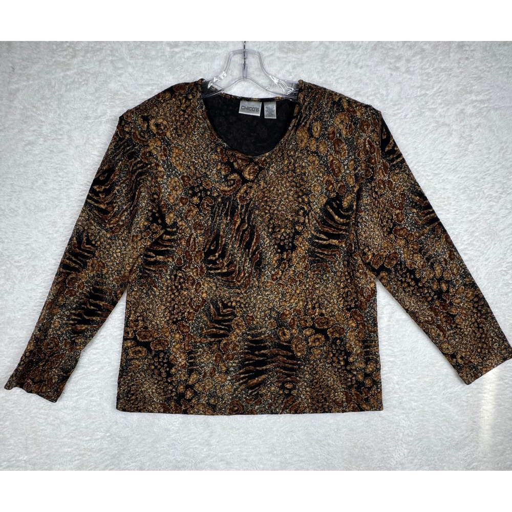 Chico's Animal Print Blouse Womens Size Large Gold Mob Wife Long Sleeve Metallic